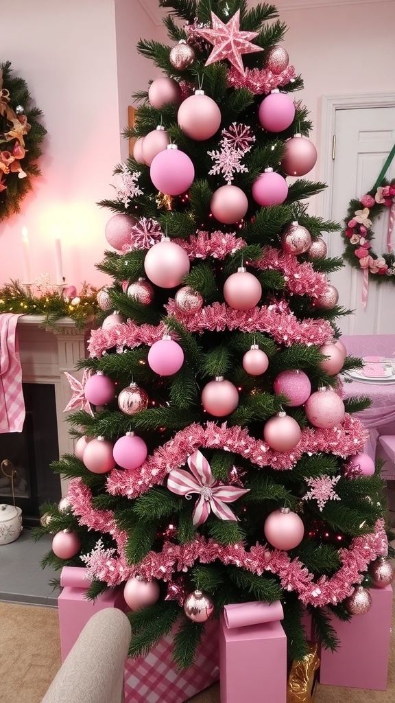 A festive Christmas tree with pink decorations, pink candles, and a cozy living room setting.